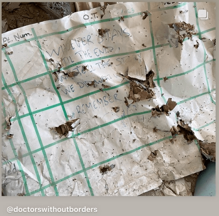 The partially destroyed message found 29 days later in the rubble of the hospital