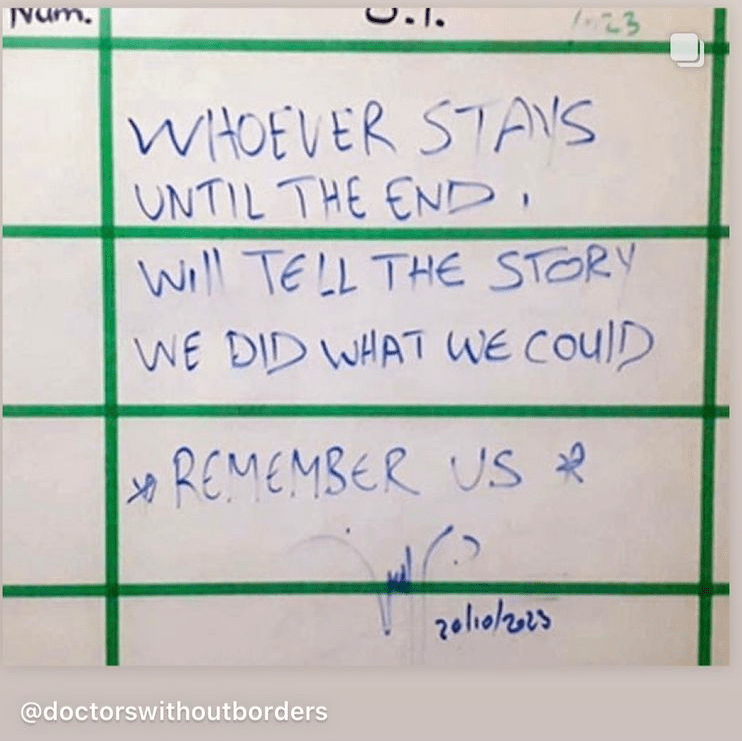 Words written on a whiteboard in the emergency room of Al Shifa hospital.