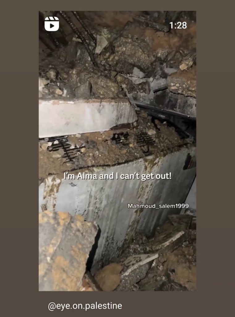 Still image from video of 13 year old girl named Alma, trapped under a building. Text says "I'm Alma and I can't get out!"